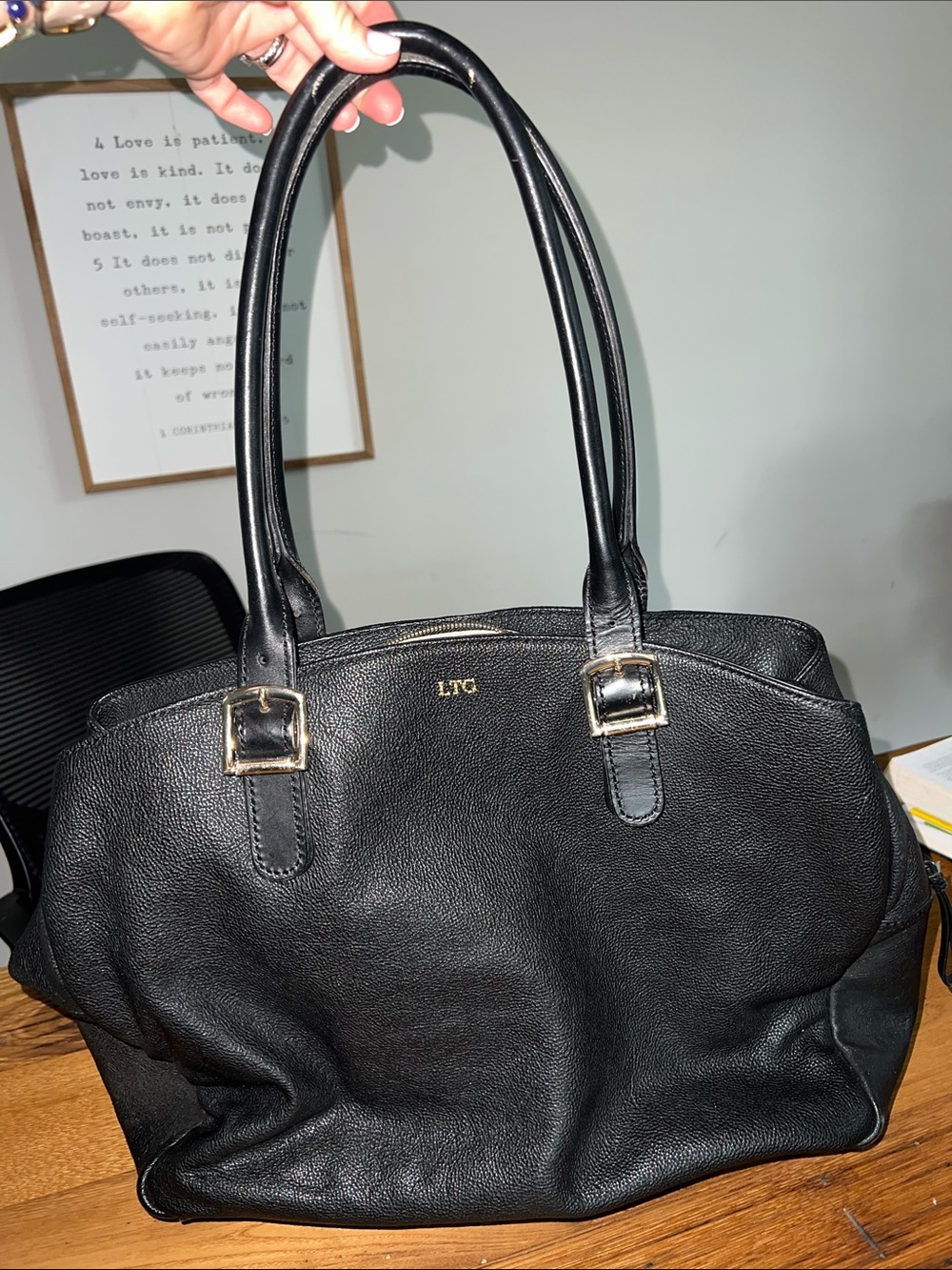 Mark Graham Black Leather Tote work bag laptop with Gold Buckle Details